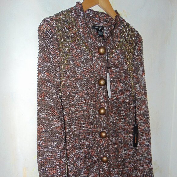 BCBG MaxAzria Cardigan Sweater Brown L Beaded Brass Button Chunky Knit Crochet - Picture 5 of 9